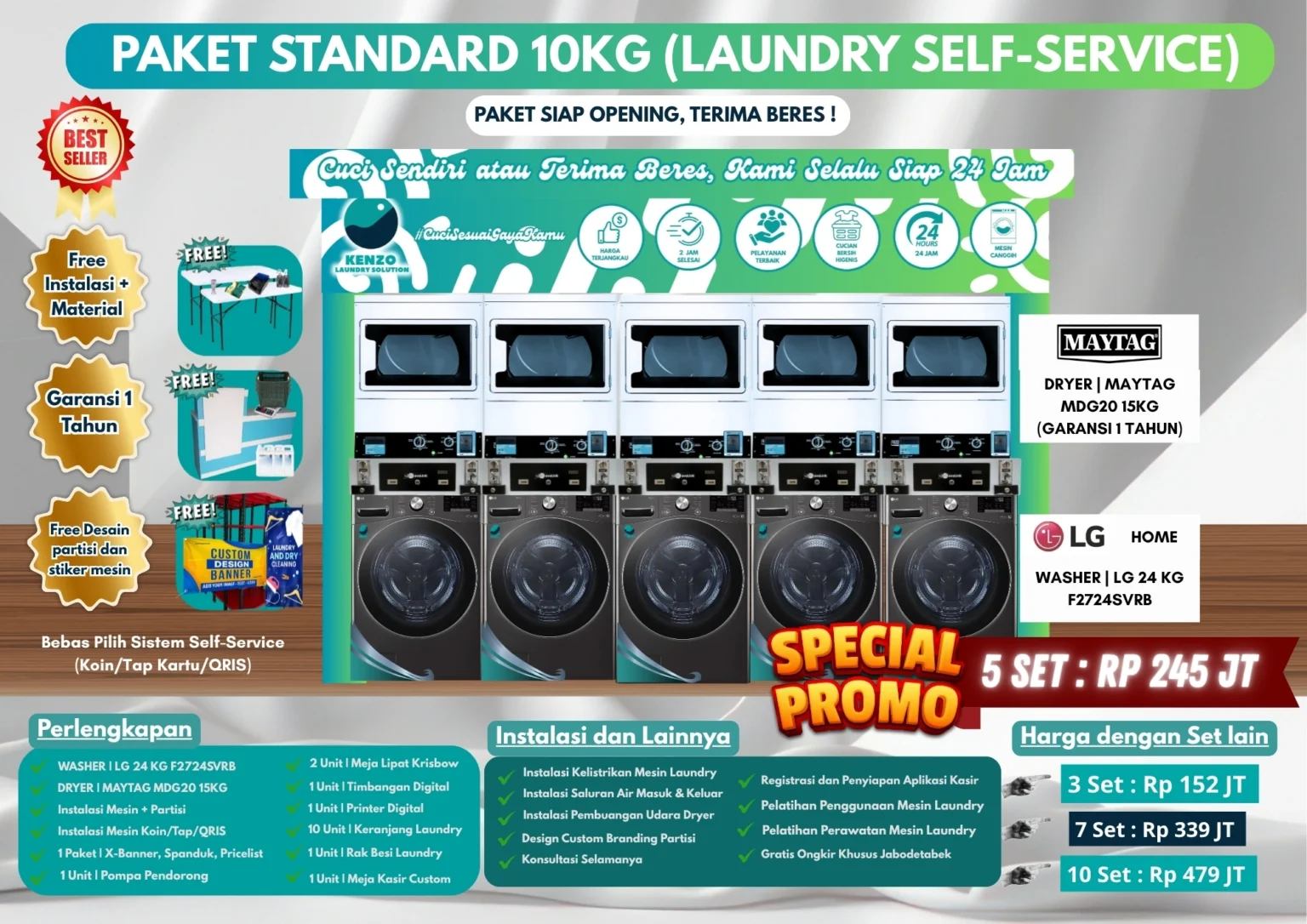 PAKET USAHA LAUNDRY SELF-SERVICE MAYTAG + LG24KG BIG CAPACITY